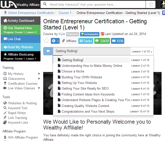 Wealthy Affiliate online entrepreneur certification