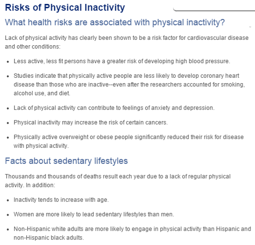 a summary of the risks of physical inactivity according to Johns Hopkins 