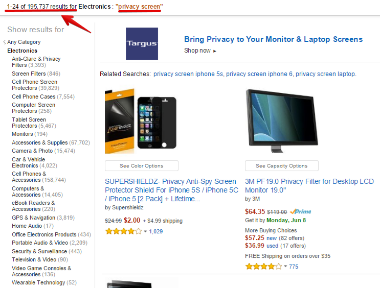 What Amazon.com is about and some product listings for electronics-privacy-screen