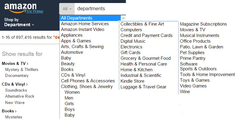 Departments and services offered at Amazon.com