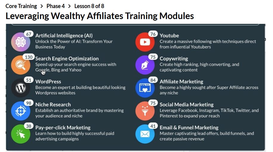 Wealthy Affiliate expert training modules